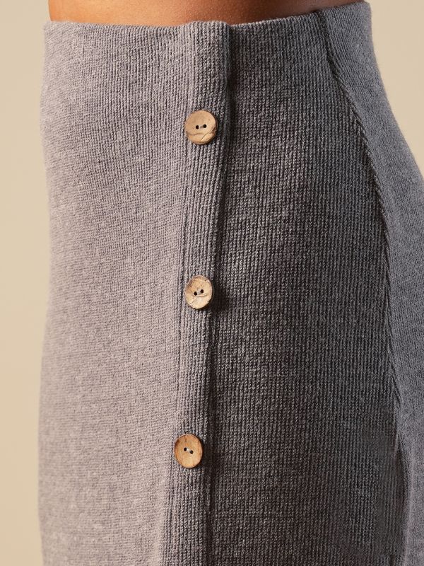 Globus Women Grey Self Design Button Detail Mid-Rise Side Slit Midi Pencil Skirt