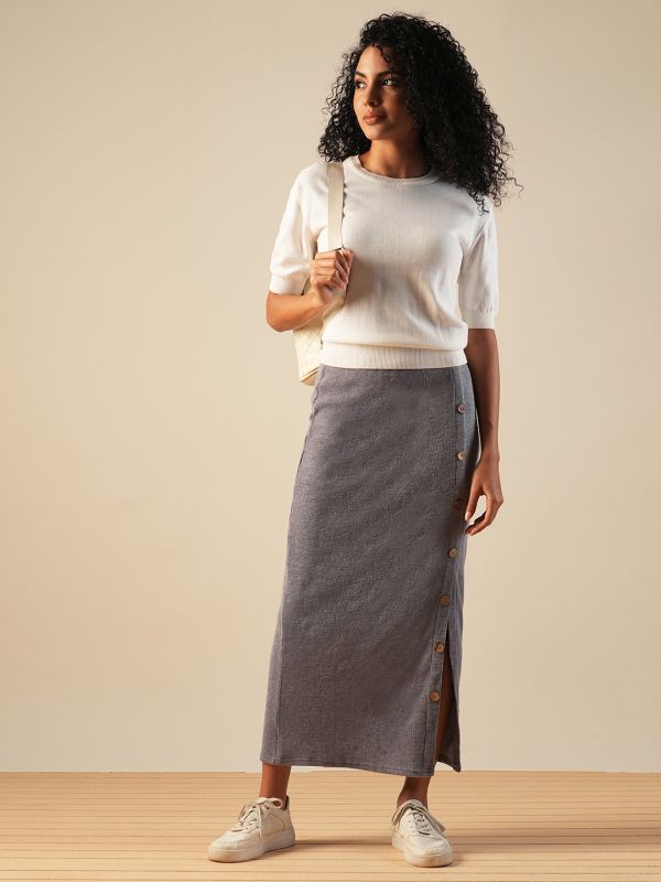 Globus Women Grey Self Design Button Detail Mid-Rise Side Slit Midi Pencil Skirt