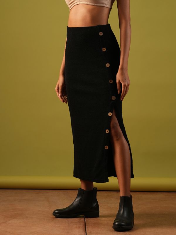 Globus Women Black Self Design Button Detail Mid-Rise Side Slit Midi Pencil Skirt
