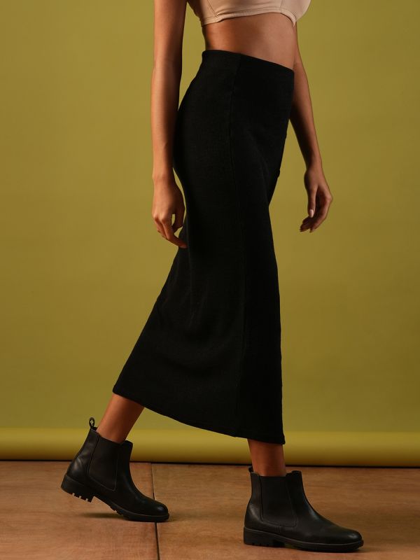 Globus Women Black Self Design Button Detail Mid-Rise Side Slit Midi Pencil Skirt