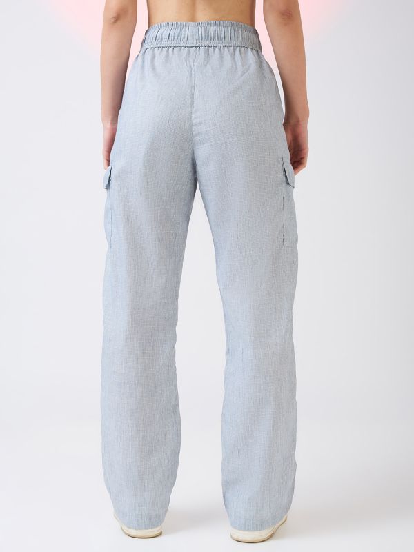 Globus Women Light Blue Self Design Checkered Mid Rise Drawstring Waist Cargo Trousers