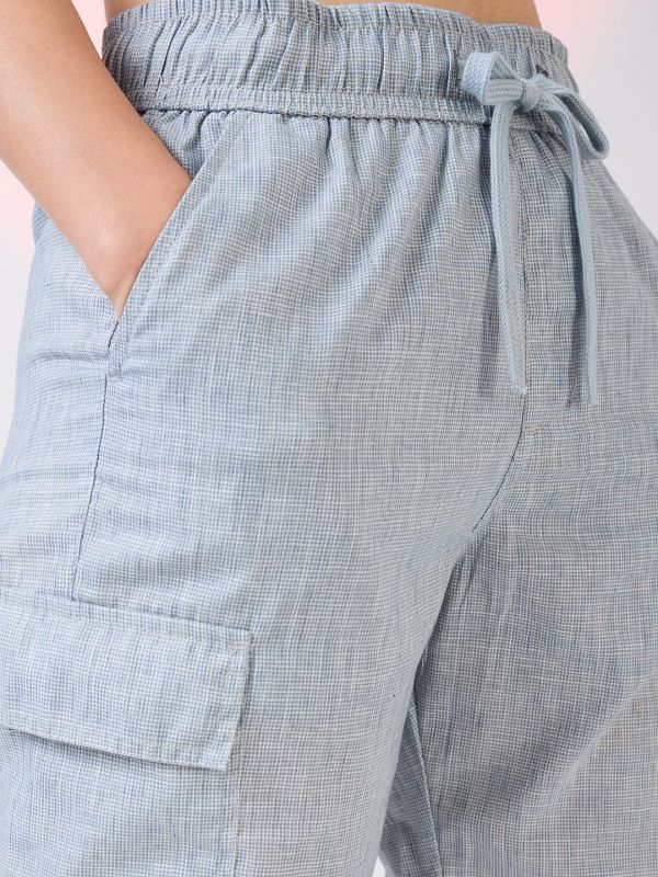 Globus Women Light Blue Self Design Checkered Mid Rise Drawstring Waist Cargo Trousers