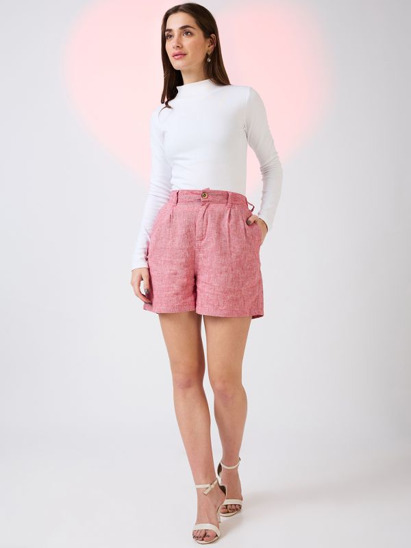 Globus Women Red Linen Cotton Mid-Rise Partially Elasticated Button Closure Mini Casual Shorts
