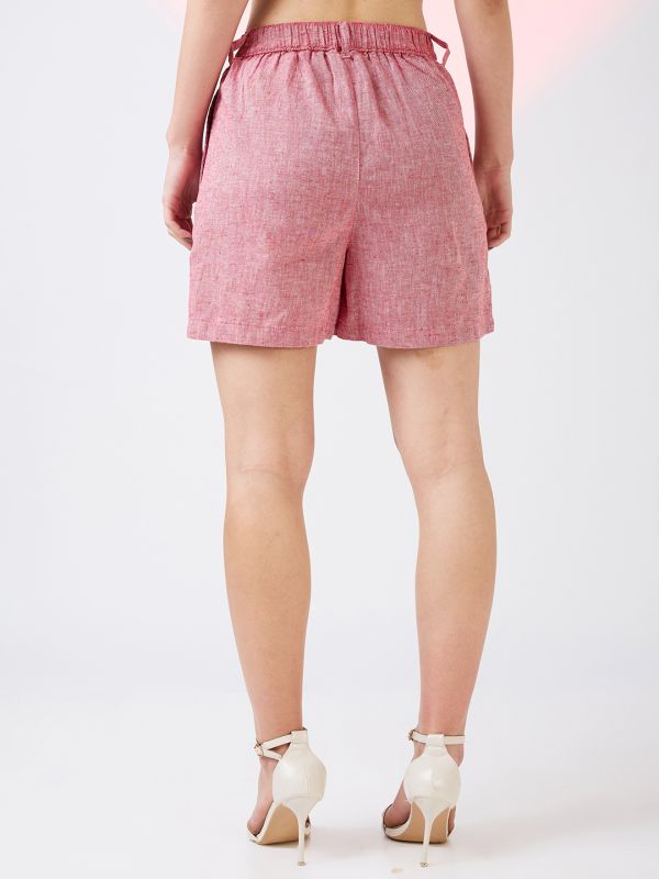 Globus Women Red Linen Cotton Mid-Rise Partially Elasticated Button Closure Mini Casual Shorts