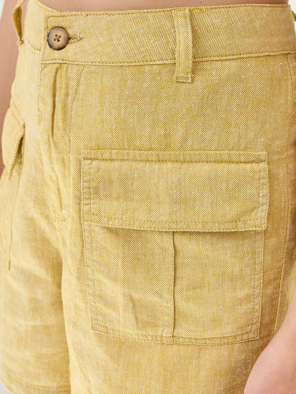 Globus Women Mustard Linen Cotton High-Rise Relaxed Fit Above Knee Shorts