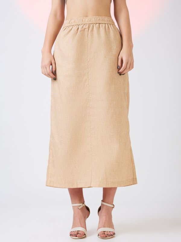 Globus Women Beige Self Design Checkered Mid Rise Side Pockets Midi Workwear Skirt