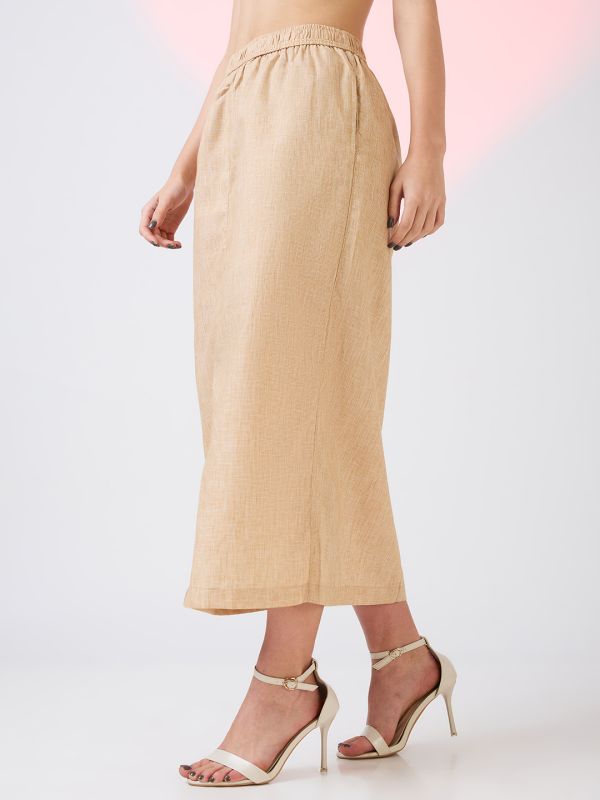 Globus Women Beige Self Design Checkered Mid Rise Side Pockets Midi Workwear Skirt