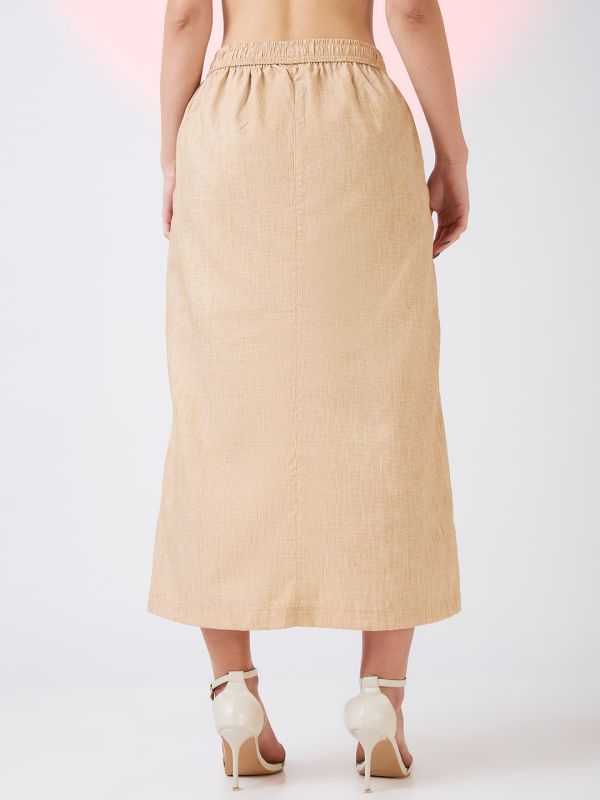 Globus Women Beige Self Design Checkered Mid Rise Side Pockets Midi Workwear Skirt