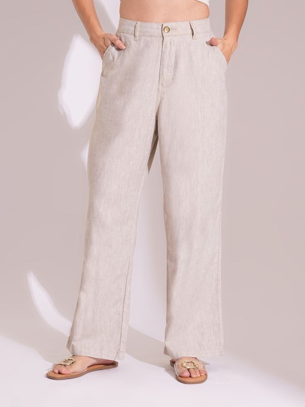 Globus Women Natural Cotton High-Rise Wide Leg Formal Trousers