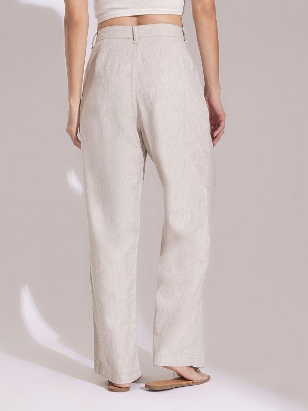 Globus Women Natural Cotton High-Rise Wide Leg Formal Trousers