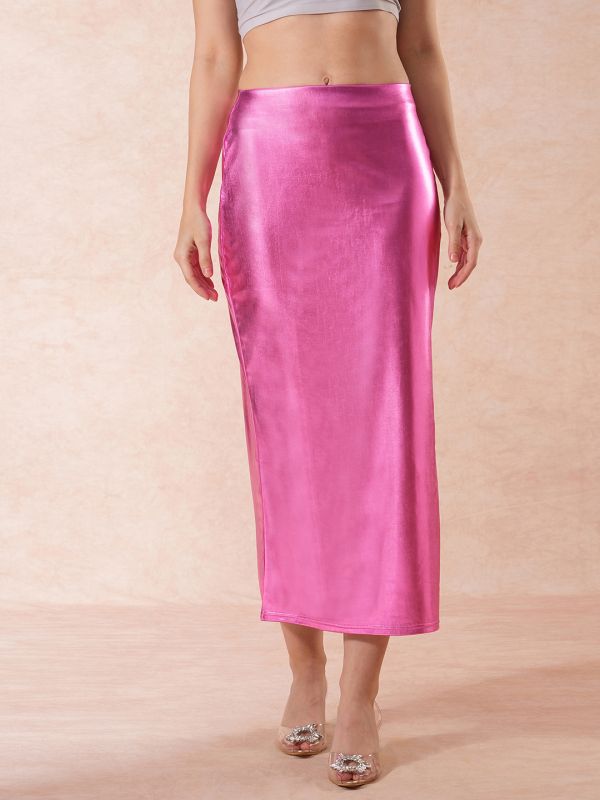 Globus Women Pink Stretchable Sheen Mid-Rise Side Slit Midi Pencil Party Skirt
