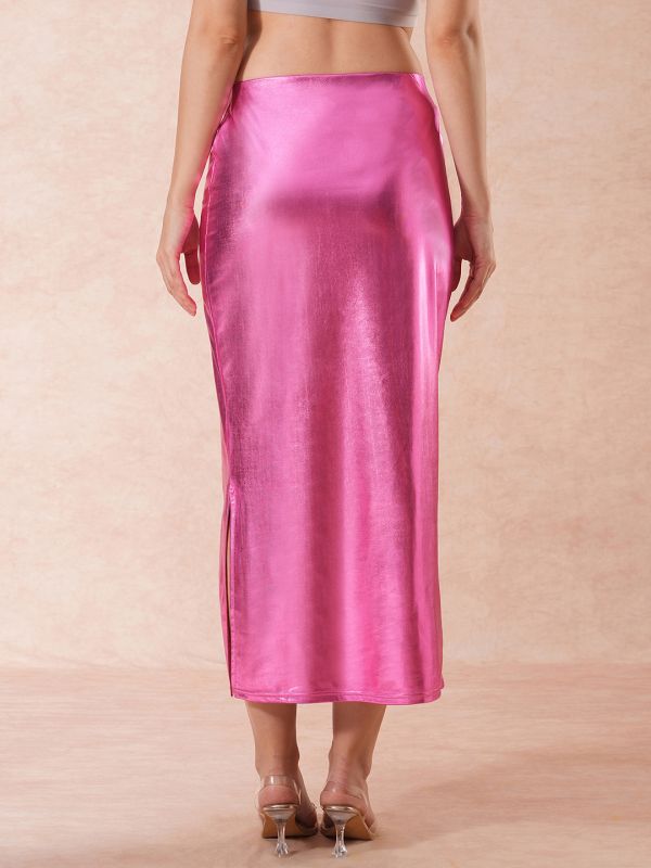 Globus Women Pink Stretchable Sheen Mid-Rise Side Slit Midi Pencil Party Skirt