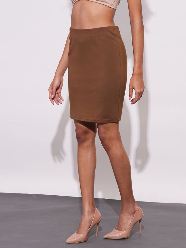Globus Women Coffee Stretchable High-Rise Back Slit Above Knee Workwear Pencil Skirt