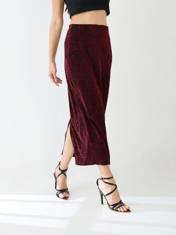Globus Women Red Shimmer Mid-Rise Back Slit Midi Pencil Party Skirt