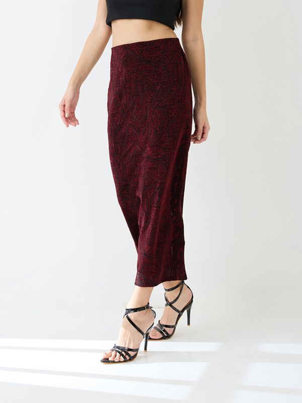 Globus Women Red Shimmer Mid-Rise Back Slit Midi Pencil Party Skirt