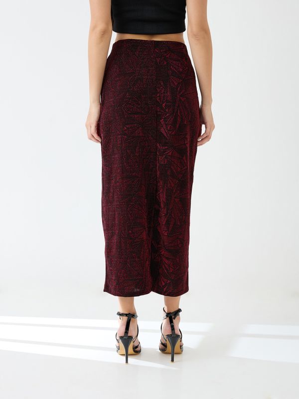 Globus Women Red Shimmer Mid-Rise Back Slit Midi Pencil Party Skirt