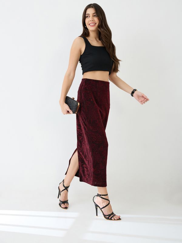 Globus Women Red Shimmer Mid-Rise Back Slit Midi Pencil Party Skirt