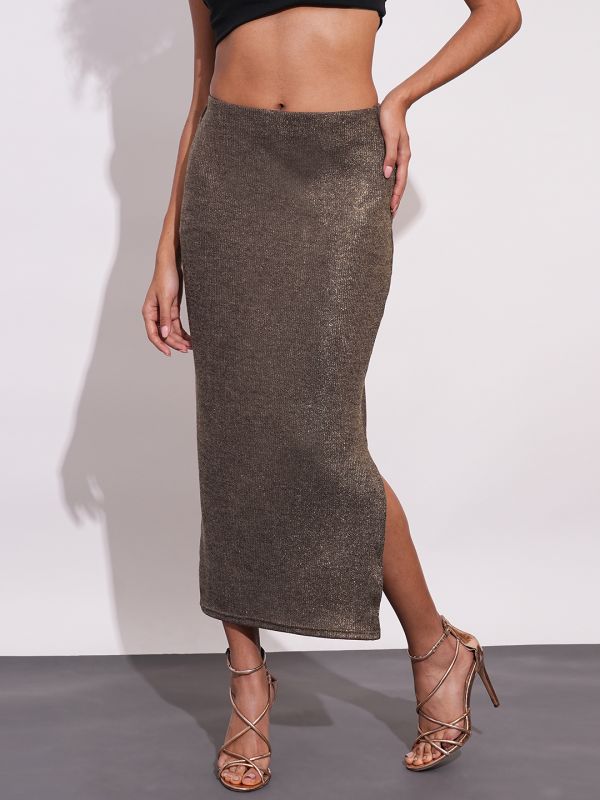 Globus Women Gold Sheen Self Design Stretchable Mid-Rise Side Slit Maxi Party Pencil Skirt