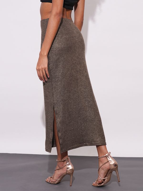 Globus Women Gold Sheen Self Design Stretchable Mid-Rise Side Slit Maxi Party Pencil Skirt