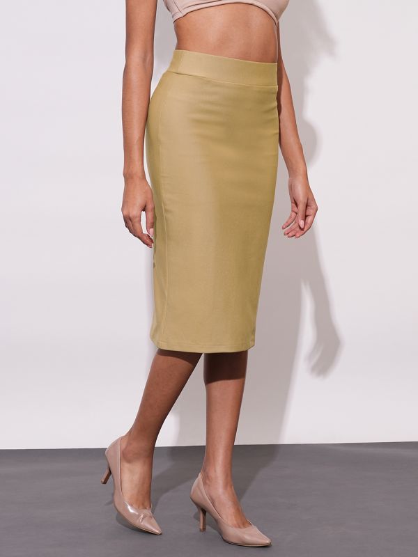 Globus Women Camel Stretchable High-Rise Back Slit Midi Workwear Pencil Skirt