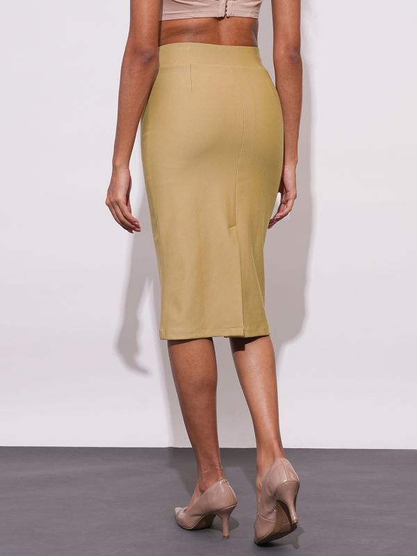 Globus Women Camel Stretchable High-Rise Back Slit Midi Workwear Pencil Skirt