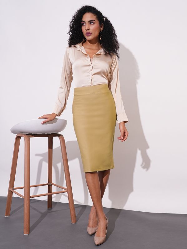Globus Women Camel Stretchable High-Rise Back Slit Midi Workwear Pencil Skirt