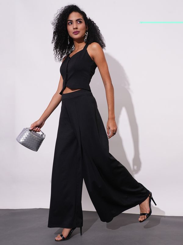 Globus Women Black Mid-Rise Relaxed Fit Casual Flared Wide Leg Casual Treggings