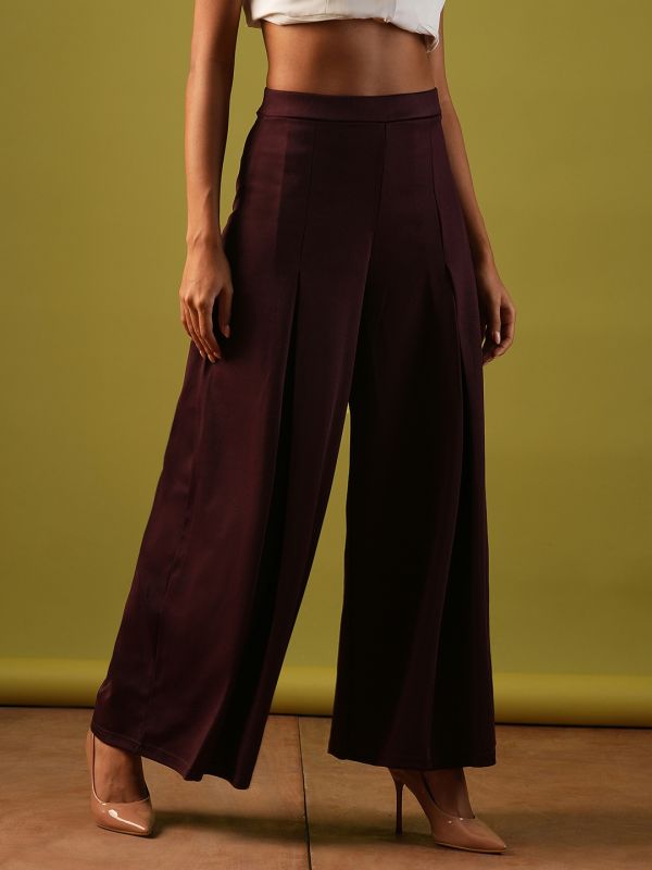 Globus Women Plum Solid Stretchable High-Rise Pleated Flared Wide Leg Workwear Treggings