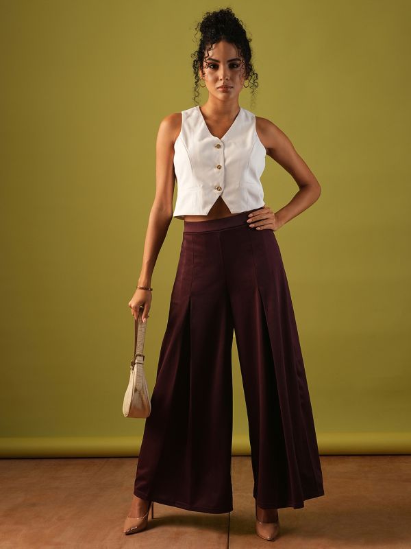 Globus Women Plum Solid Stretchable High-Rise Pleated Flared Wide Leg Workwear Treggings