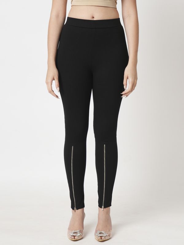 Globus Women Black Solid Stretchable Zipper Detail Skinny Fit Workwear Treggings