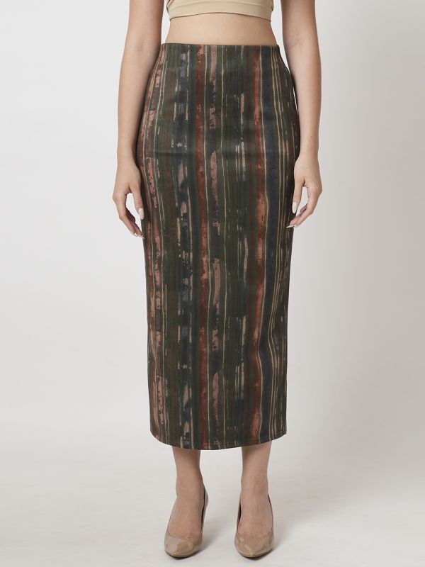 Globus Women Dark Olive High Rise Stretchable Hazy Print Back Slit Workwear Midi Pencil Skirt