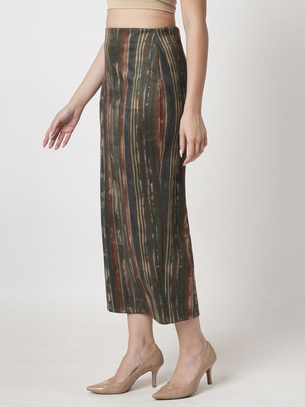 Globus Women Dark Olive High Rise Stretchable Hazy Print Back Slit Workwear Midi Pencil Skirt