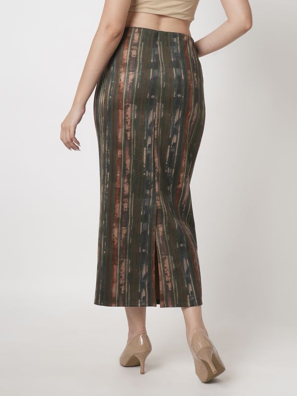 Globus Women Dark Olive High Rise Stretchable Hazy Print Back Slit Workwear Midi Pencil Skirt