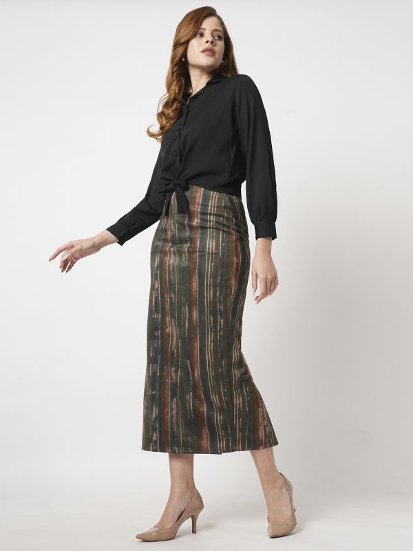 Globus Women Dark Olive High Rise Stretchable Hazy Print Back Slit Workwear Midi Pencil Skirt