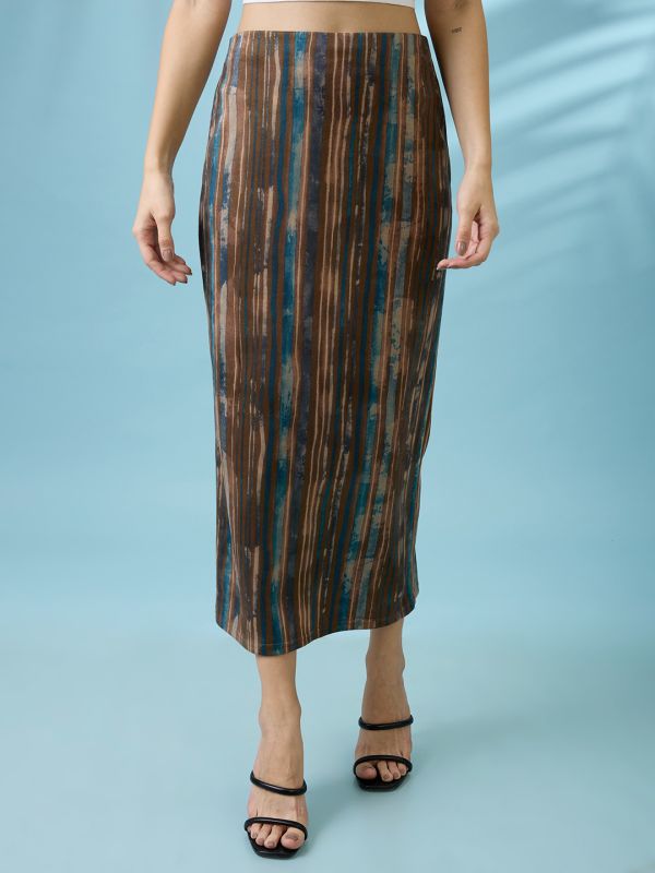 Globus Women Multi Color High Rise Stretchable Hazy Print Back Slit Workwear Midi Pencil Skirt