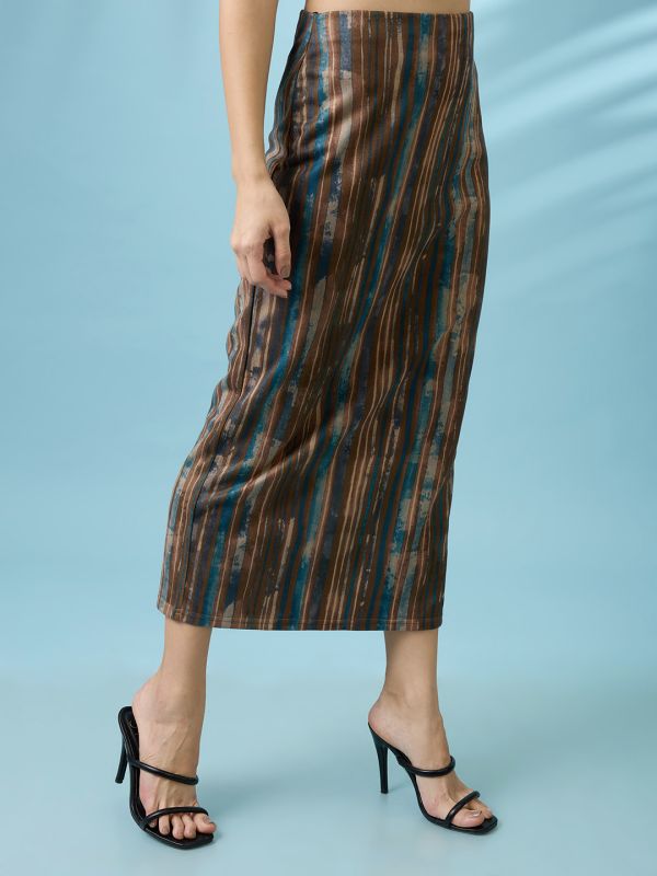 Globus Women Multi Color High Rise Stretchable Hazy Print Back Slit Workwear Midi Pencil Skirt