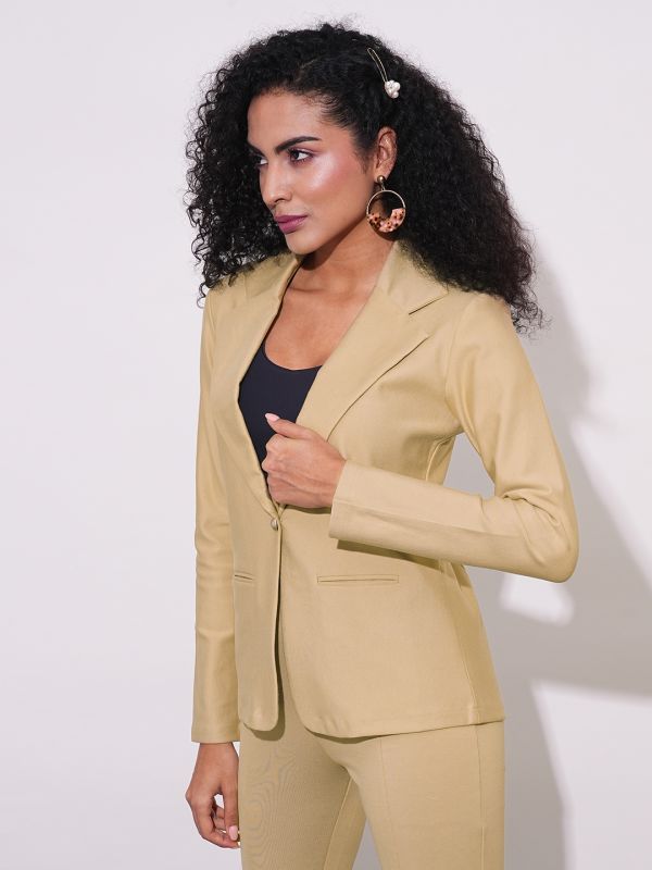 Globus Women Camel Notch Lapel Long Sleeves Stretchable Curved Hem Open Front Workwear Blazer Jacket