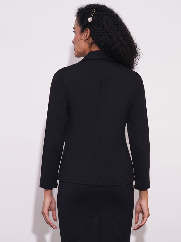 Globus Women Black Notch Lapel Long Sleeves Stretchable Straight Hem Open Front Workwear Blazer Jacket