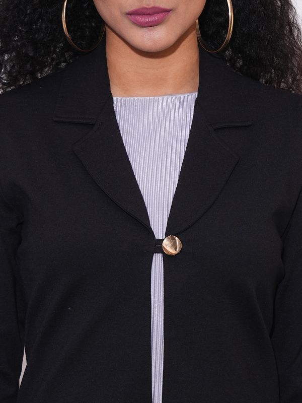 Globus Women Black Notch Lapel Long Sleeves Stretchable Straight Hem Open Front Workwear Blazer Jacket