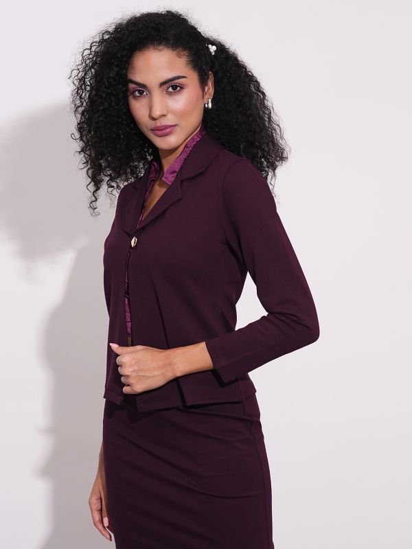 Globus Women Plum Notch Lapel Long Sleeves Stretchable Straight Hem Open Front Workwear Blazer Jacket