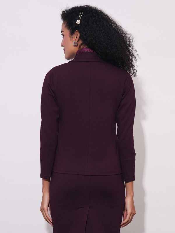 Globus Women Plum Notch Lapel Long Sleeves Stretchable Straight Hem Open Front Workwear Blazer Jacket