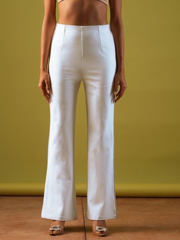 Globus Women White Stretchable High-Rise Embellished Side Tape Flared Party Treggings