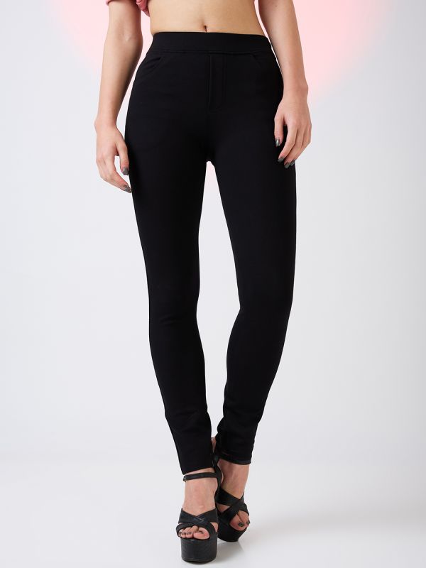Globus Women Black Stretchable Mid Rise Skinny Fit Workwear Treggings
