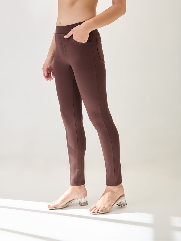 Globus Women Chocolate Stretchable Mid-Rise Skinny Fit Treggings