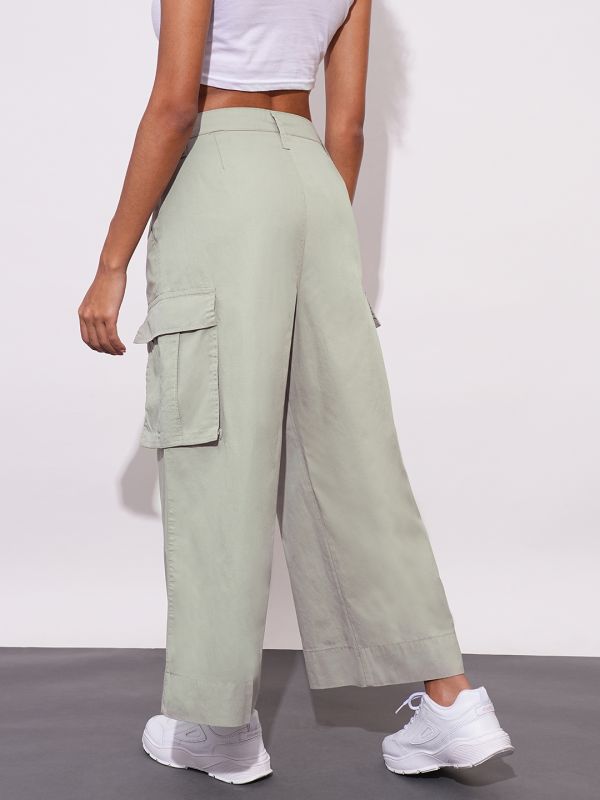 Globus Women Beige Cotton Mid-Rise Cargo Style Wide Leg Trousers