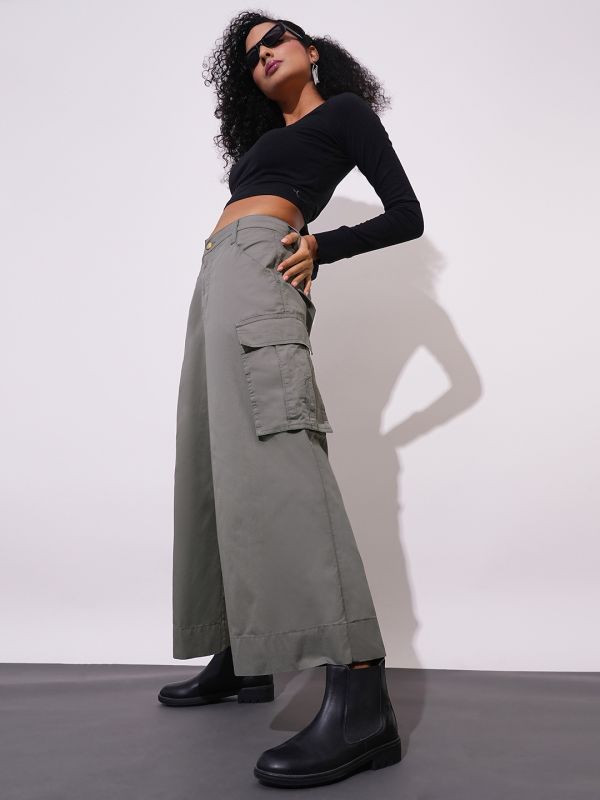 Globus Women Dark Grey Cotton Mid-Rise Cargo Style Wide Leg Trousers