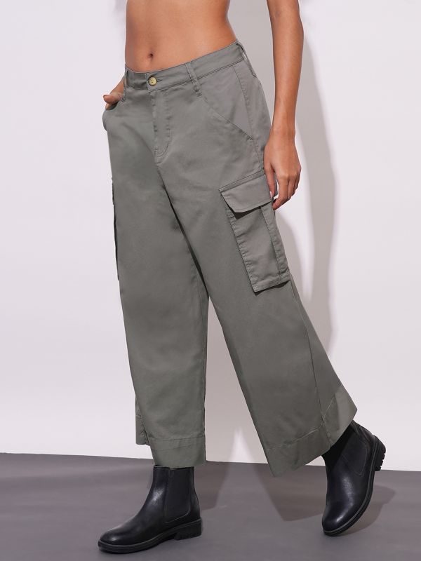 Globus Women Dark Grey Cotton Mid-Rise Cargo Style Wide Leg Trousers