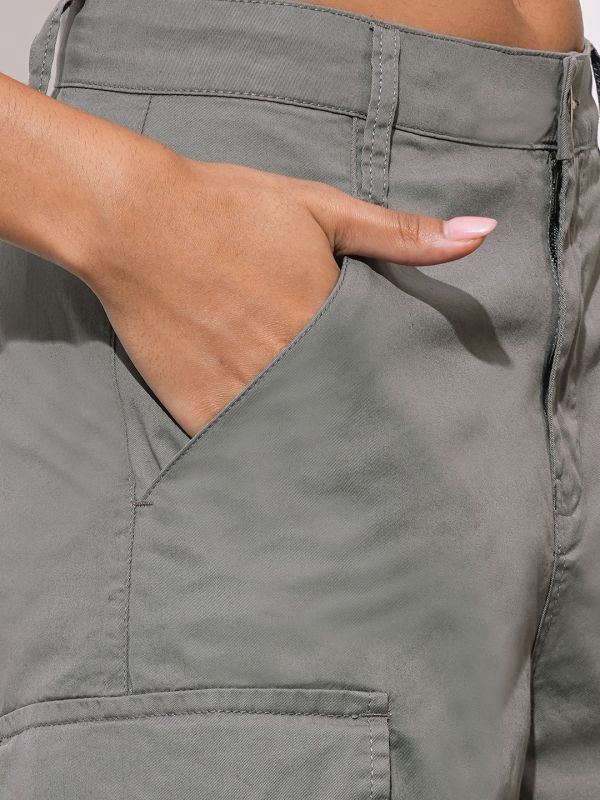 Globus Women Dark Grey Cotton Mid-Rise Cargo Style Wide Leg Trousers