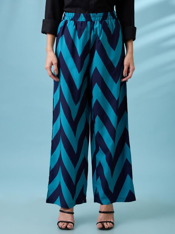Globus Women Navy Blue Chevron Print Mid Rise Elasticated Wide Leg Trousers