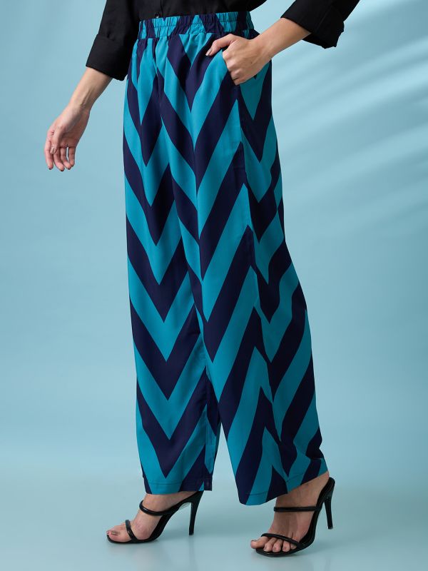 Globus Women Navy Blue Chevron Print Mid Rise Elasticated Wide Leg Trousers